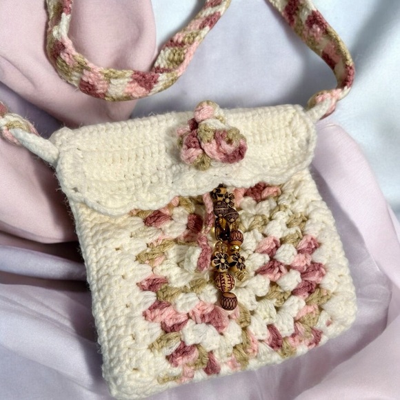 Handcrafted Cream and Pink Crochet Bag - Picture 1 of 10